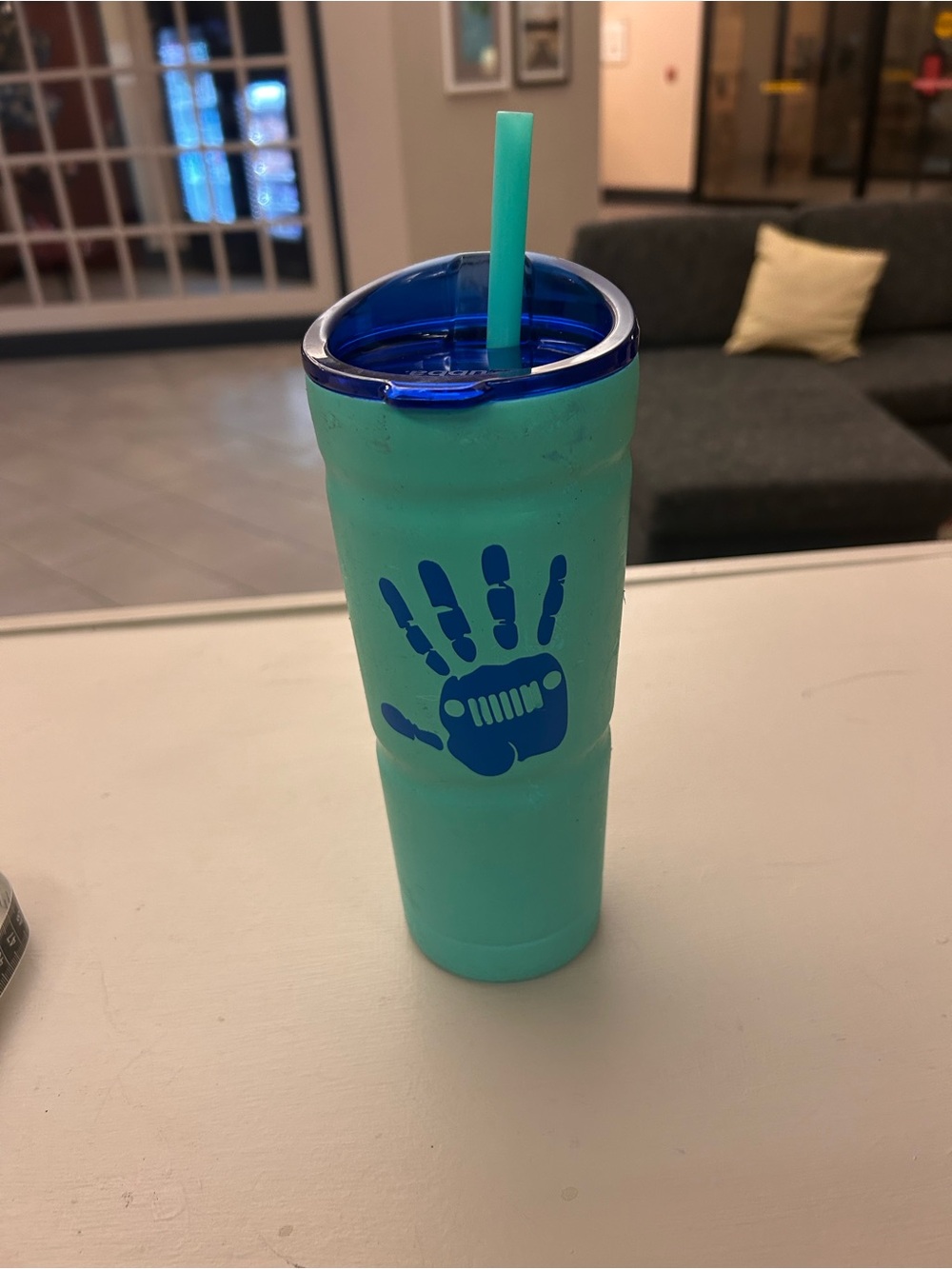 Bubba  Teal Tumbler with Blue Handprint and Straw
